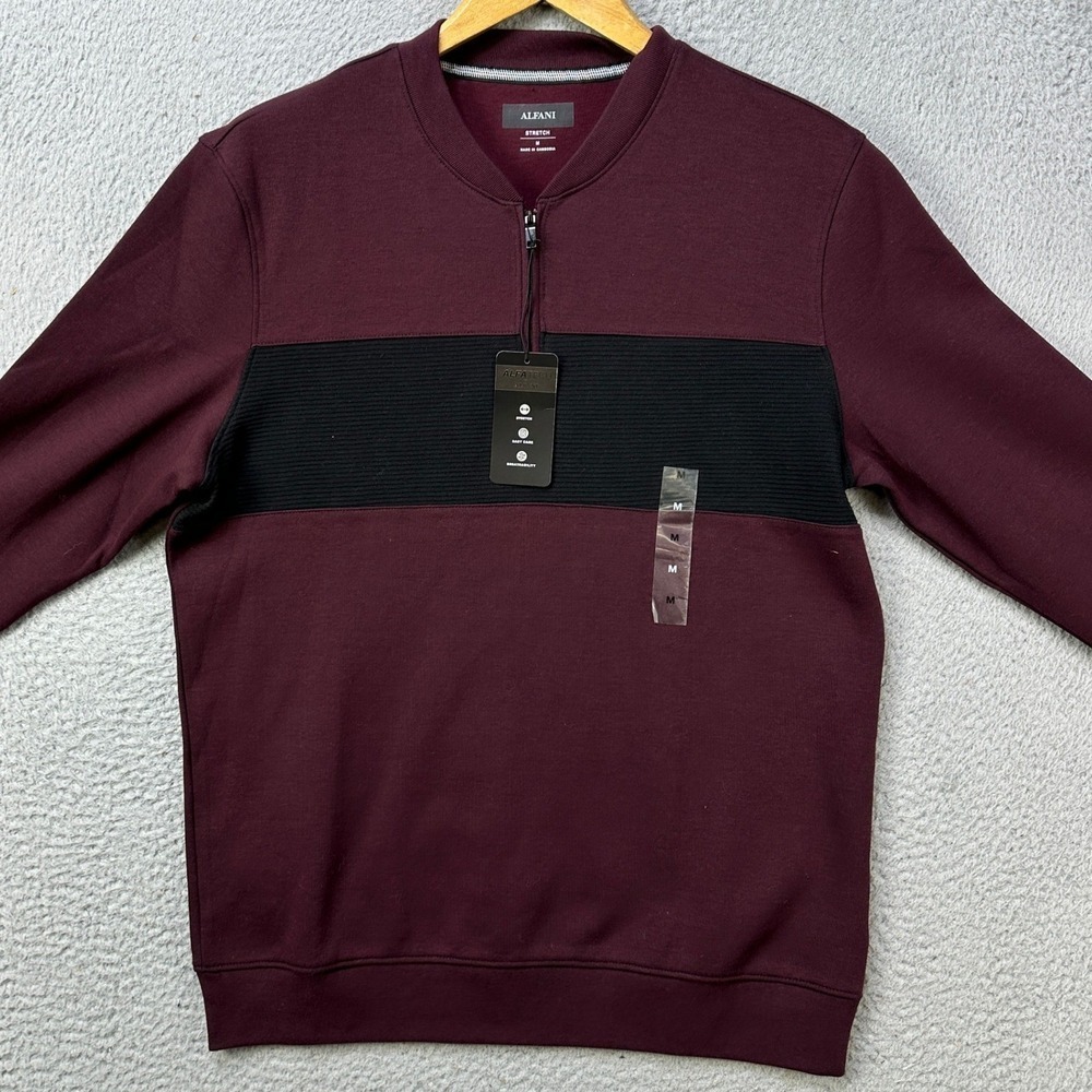 NEW Alfani Men Medium Sweatshirt Pullover Maroon Quarter Zip Stretch Lightweight - Picture 3 of 8